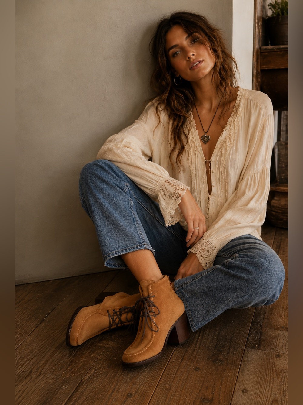 NWOT Free People Látigo Suede Lace-Up Ankle Boots Camel Block Heel